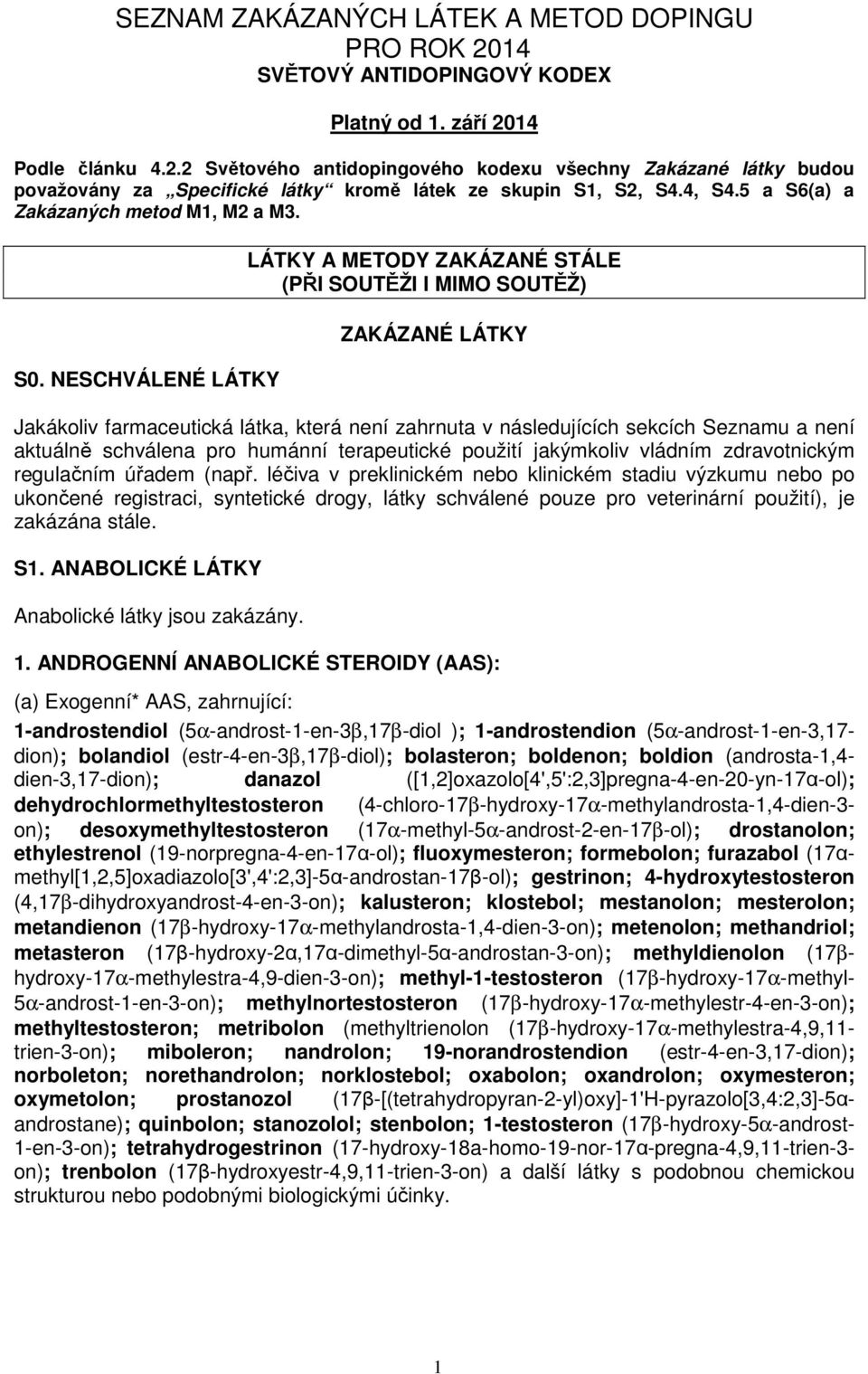 NESCHVÁLENÉ LÁTKY LÁTKY A METODY ZAKÁZANÉ STÁLE (PŘI SOUTĚŽI I MIMO SOUTĚŽ) ZAKÁZANÉ LÁTKY Jakákoliv farmaceutická látka, která není zahrnuta v následujících sekcích Seznamu a není aktuálně schválena