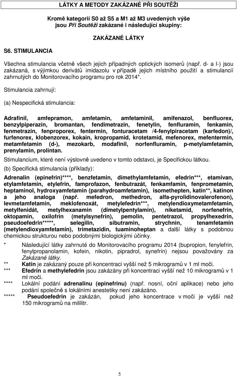 Stimulancia zahrnují: (a) Nespecifická stimulancia: Adrafinil, amfepramon, amfetamin, amfetaminil, amifenazol, benfluorex, benzylpiperazin, bromantan, fendimetrazin, fenetylin, fenfluramin, fenkamin,