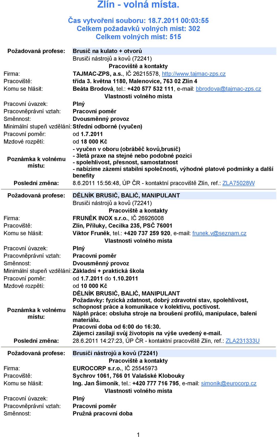 tajmac-zps.cz třída 3. května 1180, Malenovice, 763 02 Zlín 4 Beáta Brodová, tel.: +420 577 532 111, e-mail: bbrodova@tajmac-zps.