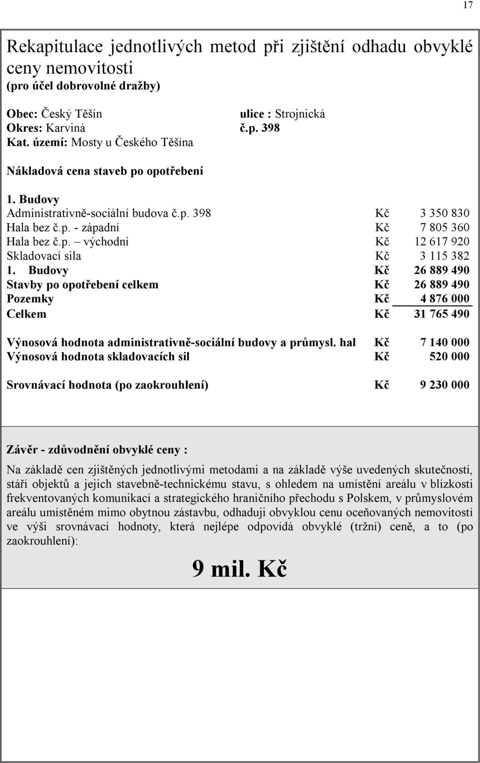Budovy Kč 26 889 490 Stavby po opotřebení celkem Kč 26 889 490 Pozemky Kč 4 876 000 Celkem Kč 31 765 490 Výnosová hodnota administrativně-sociální budovy a průmysl.