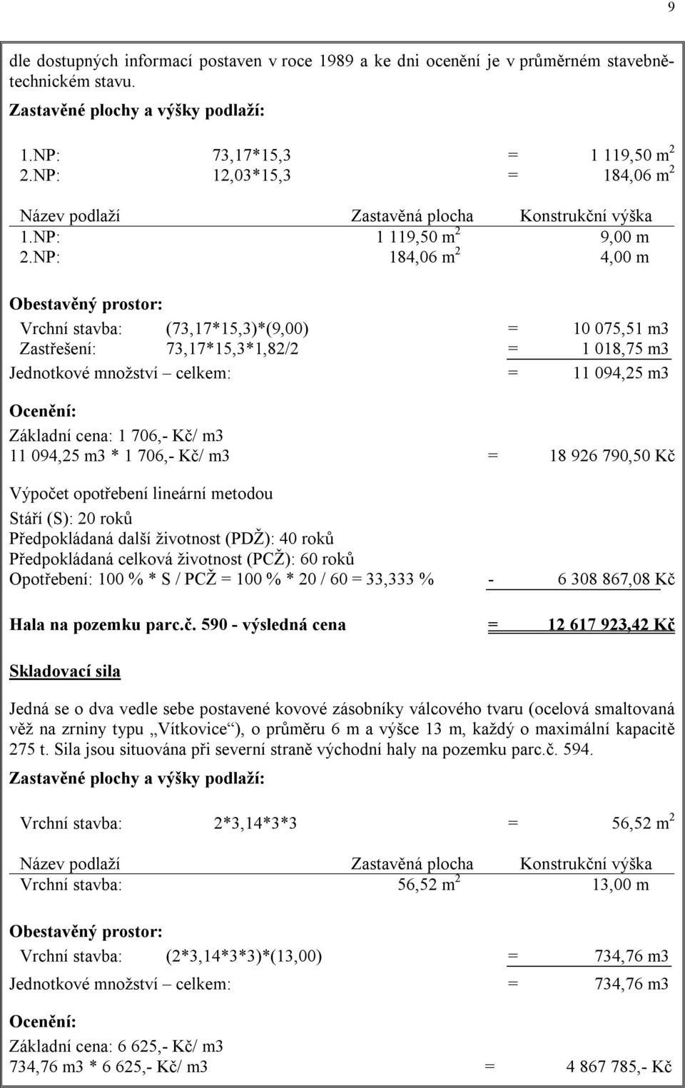 NP: 184,06 m 2 4,00 m Obestavěný prostor: Vrchní stavba: (73,17*15,3)*(9,00) = 10 075,51 m3 Zastřešení: 73,17*15,3*1,82/2 = 1 018,75 m3 Jednotkové množství celkem: = 11 094,25 m3 Ocenění: Základní