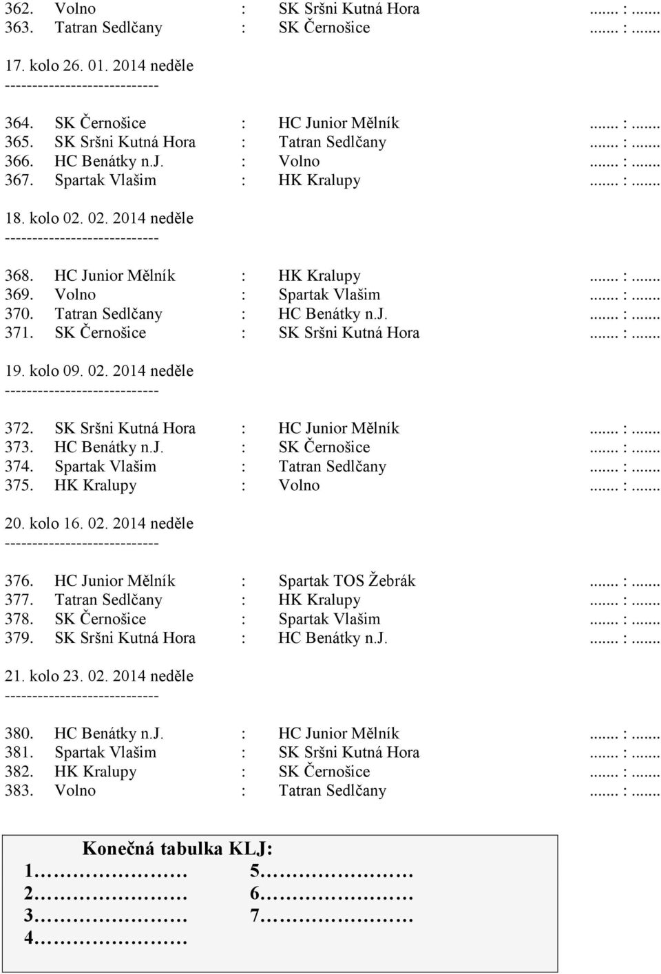 Volno : Spartak Vlašim... :... 370. Tatran Sedlčany : HC Benátky n.j.... :... 371. SK Černošice : SK Sršni Kutná Hora... :... 19. kolo 09. 02. 2014 neděle 372. SK Sršni Kutná Hora : HC Junior Mělník.