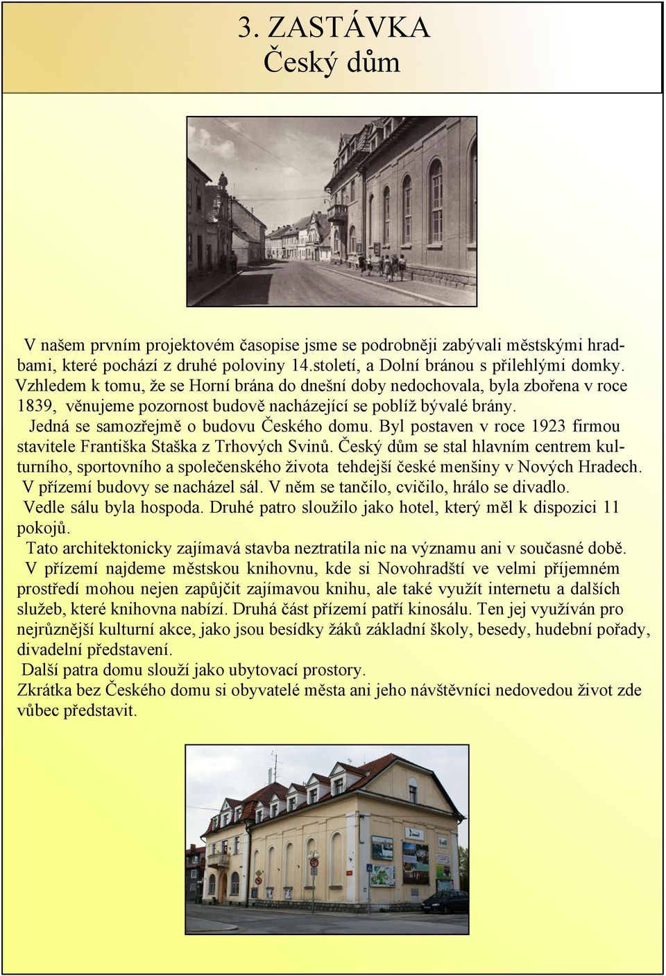Byl postaven v roce 1923 firmou stavitele Frantika Staka z Trhových Svinù. Èeský dùm se stal hlavním centrem kulturního, sportovního a spoleèenského ivota tehdejí èeské meniny v Nových Hradech.