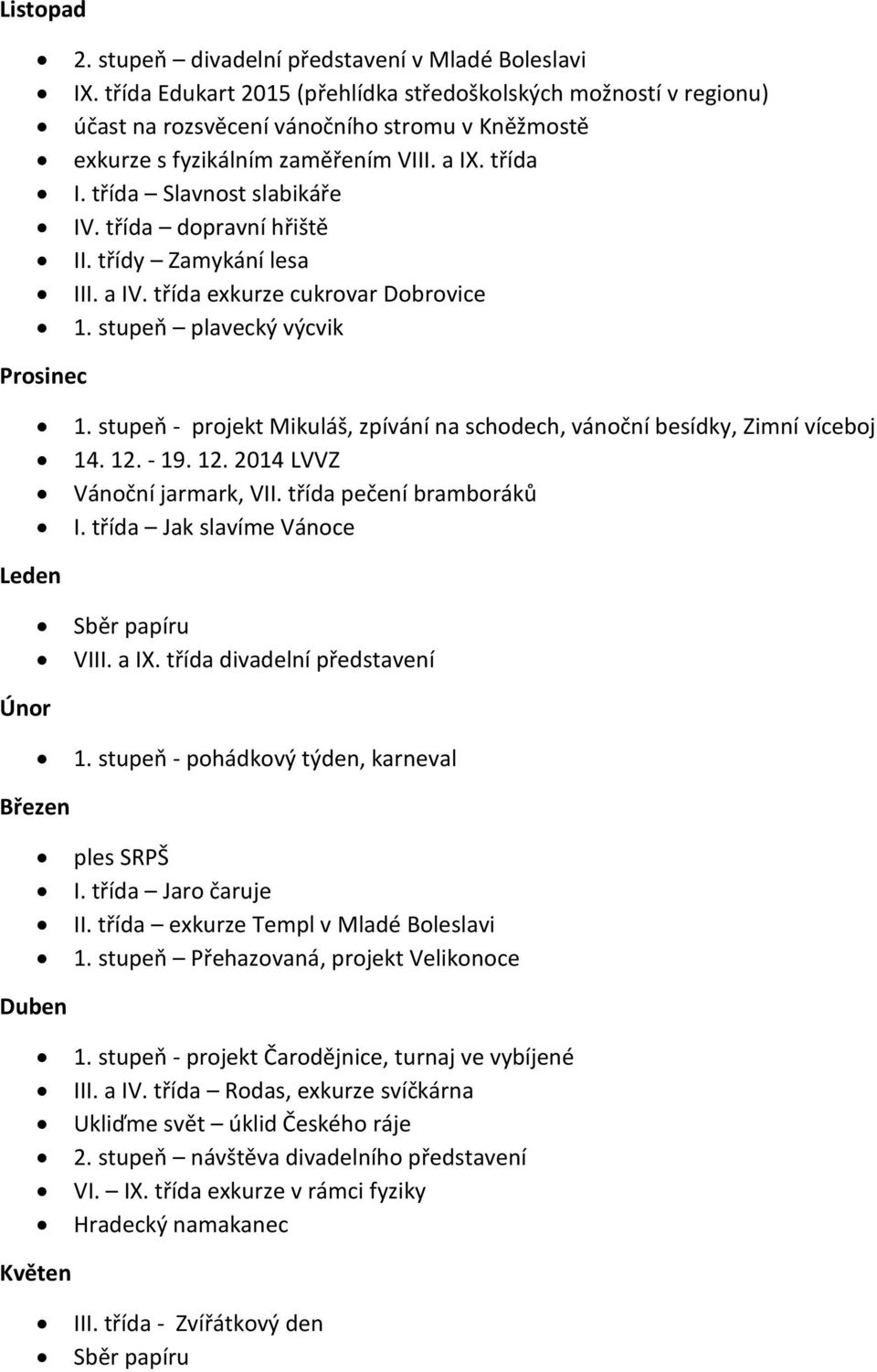 třída dopravní hřiště II. třídy Zamykání lesa III. a IV. třída exkurze cukrovar Dobrovice 1. stupeň plavecký výcvik Prosinec 1.