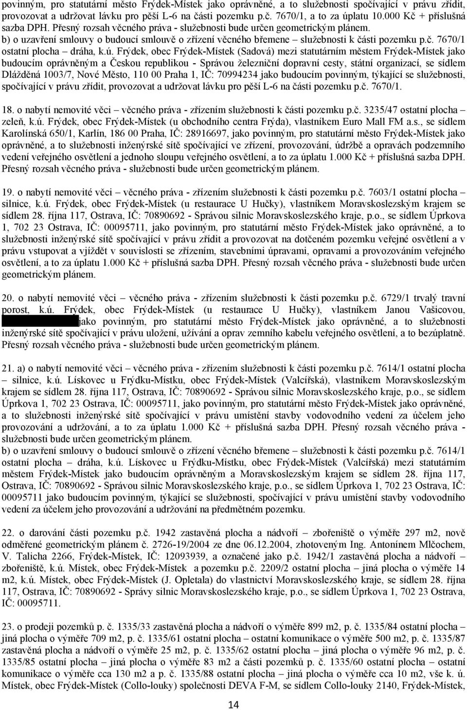 ú. Frýdek, obec Frýdek Místek (Sadová) mezi statutárním městem Frýdek Místek jako budoucím oprávněným a Českou republikou Správou železniční dopravní cesty, státní organizací, se sídlem Dlážděná