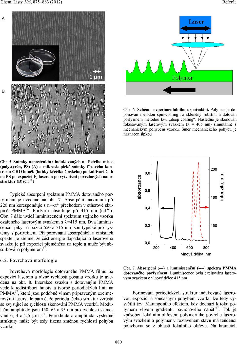 Snímky nanostruktur indukovaných na Petriho misce (polystyrén, PS) (A) a mikroskopické snímky fázového kontrastu CHO buněk (buňky křečíka čínského) po kultivaci 24 h na PS po expozici F 2 laserem po