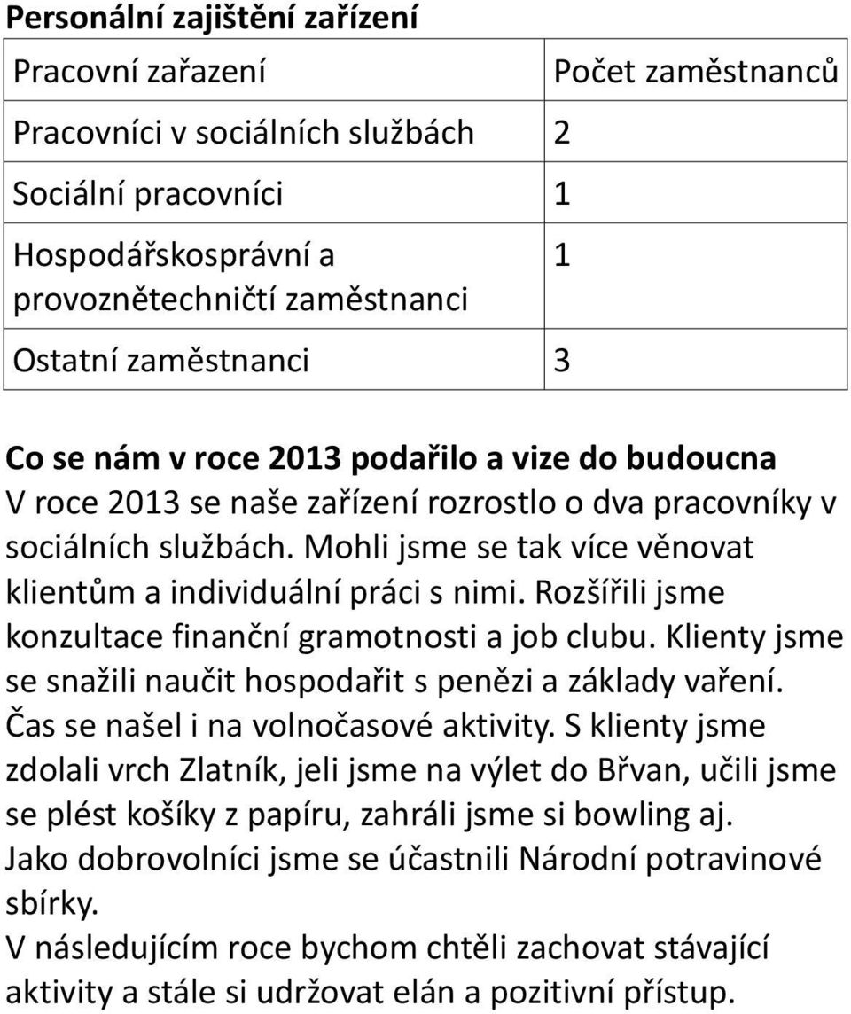 Rozšířili jsme konzultace finanční gramotnosti a job clubu. Klienty jsme se snažili naučit hospodařit s penězi a základy vaření. Čas se našel i na volnočasové aktivity.