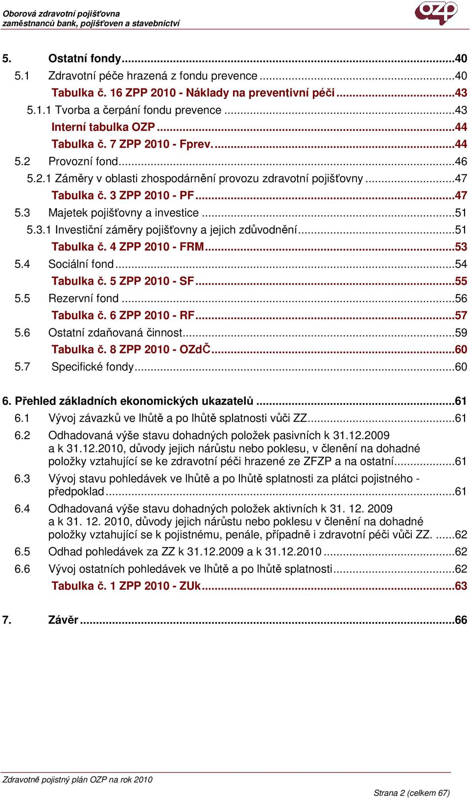 3.1 Investiční záměry pojišťovny a jejich zdůvodnění...51 Tabulka č. 4 2010 - FRM...53 5.4 Sociální fond...54 Tabulka č. 5 2010 - SF...55 5.5 Rezervní fond...56 Tabulka č. 6 2010 - RF...57 5.