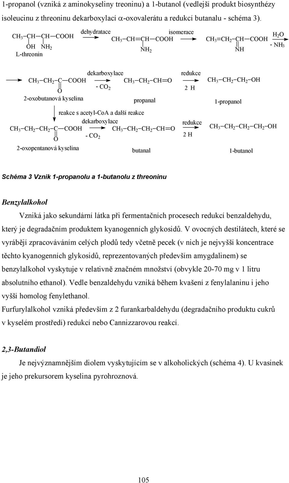 redukce 3 2 2-2 2 3 2 2 2 2-oxopentanová kyselina butanal 1-butanol Schéma 3 Vznik 1-propanolu a 1-butanolu z threoninu Benzylalkohol Vzniká jako sekundární látka při fermentačních procesech redukcí