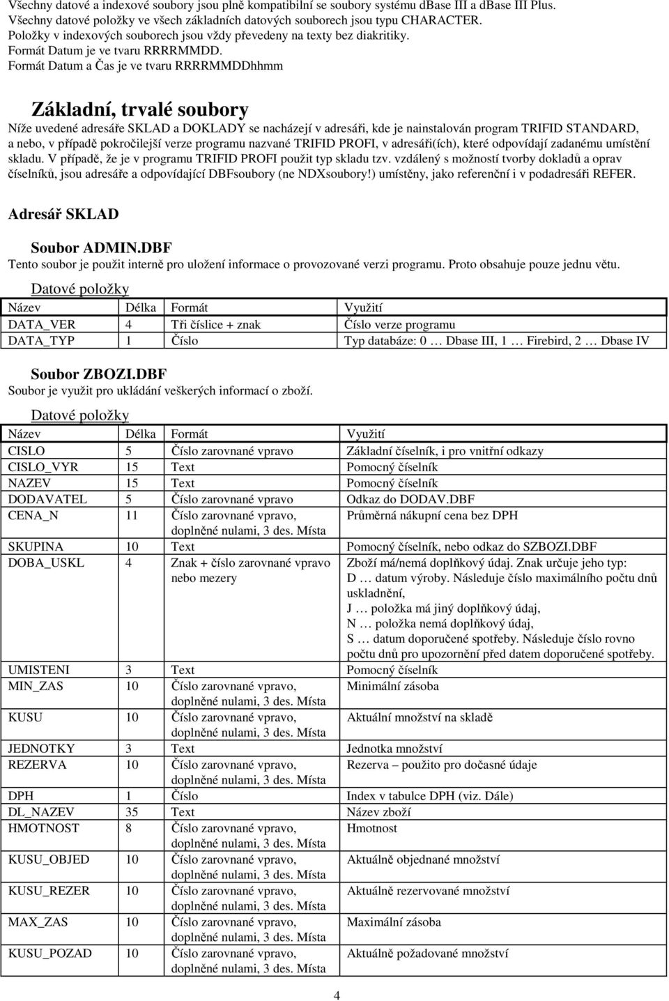 Formát Datum a Čas je ve tvaru RRRRMMDDhhmm Základní, trvalé soubory Níže uvedené adresáře SKLAD a DOKLADY se nacházejí v adresáři, kde je nainstalován program TRIFID STANDARD, a nebo, v případě