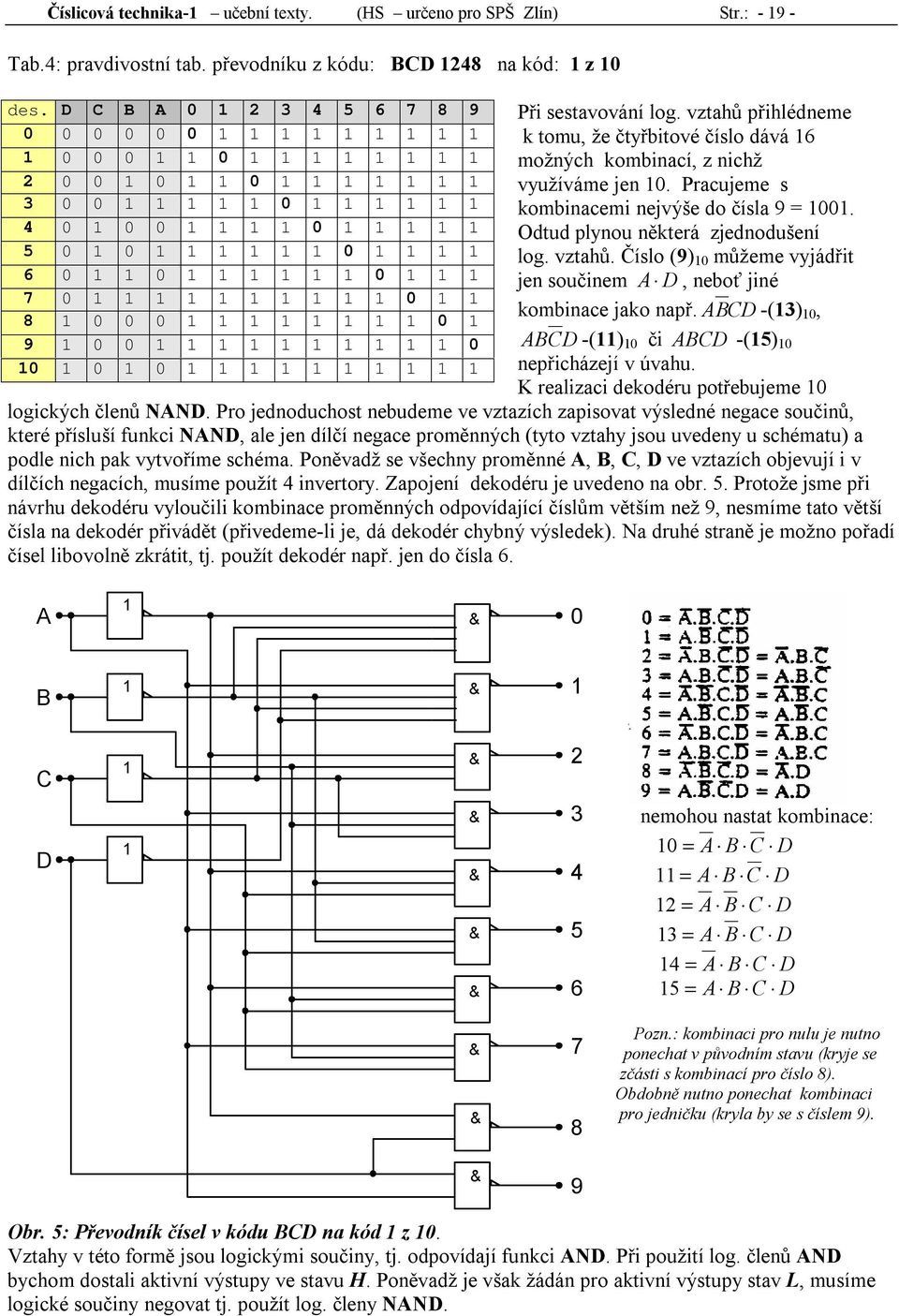 vztahů přihlédneme k tomu, že čtyřbitové číslo dává 6 možných kombinací, z nichž využíváme jen 0. Pracujeme s kombinacemi nejvýše do čísla 9 =. Odtud plynou některá zjednodušení log. vztahů.