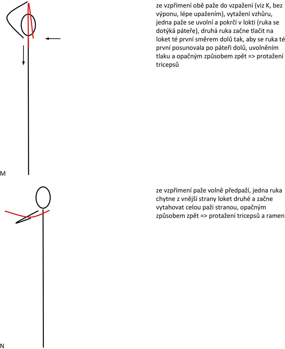 po páteři dolů, uvolněním tlaku a opačným způsobem zpět => protažení tricepsů M ze vzpřímení paže volně předpaží, jedna