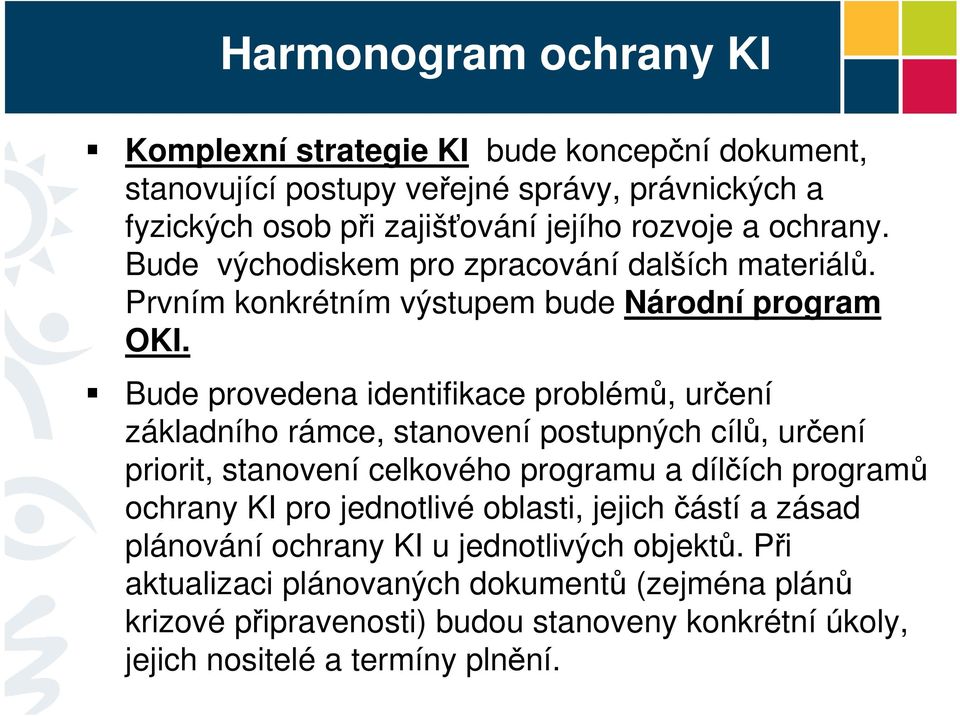 Bude provedena identifikace problémů, určení základního rámce, stanovení postupných cílů, určení priorit, stanovení celkového programu a dílčích programů ochrany KI pro