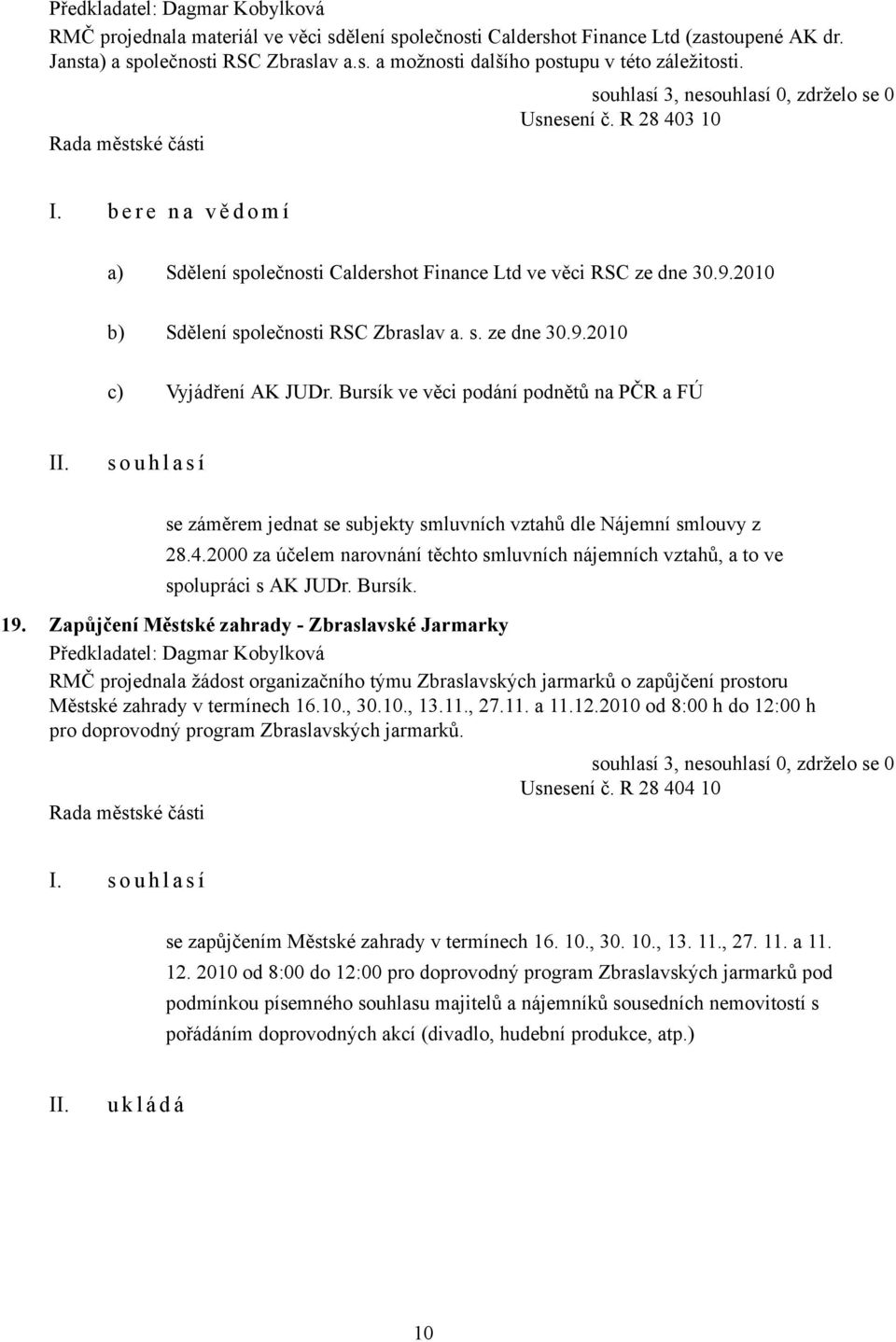 Bursík ve věci podání podnětů na PČR a FÚ s o u h l a s í se záměrem jednat se subjekty smluvních vztahů dle Nájemní smlouvy z 28.4.