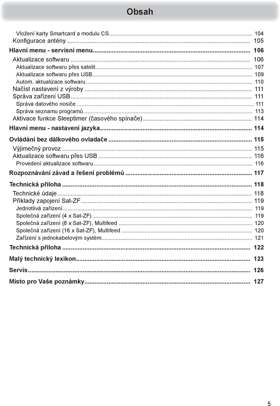 .. 113 Aktivace funkce Sleeptimer (časového spínače)... 114 Hlavní menu - nastavení jazyka... 114 Ovládání bez dálkového ovladače... 115 Výjimečný provoz... 115 Aktualizace softwaru přes USB.