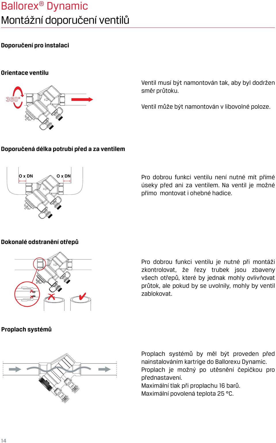 Dokonalé odstranění otřepů Pro dobrou funkci ventilu je nutné při montáži zkontrolovat, že řezy trubek jsou zbaveny všech otřepů, které by jednak mohly ovlivňovat průtok, ale pokud by se uvolnily,