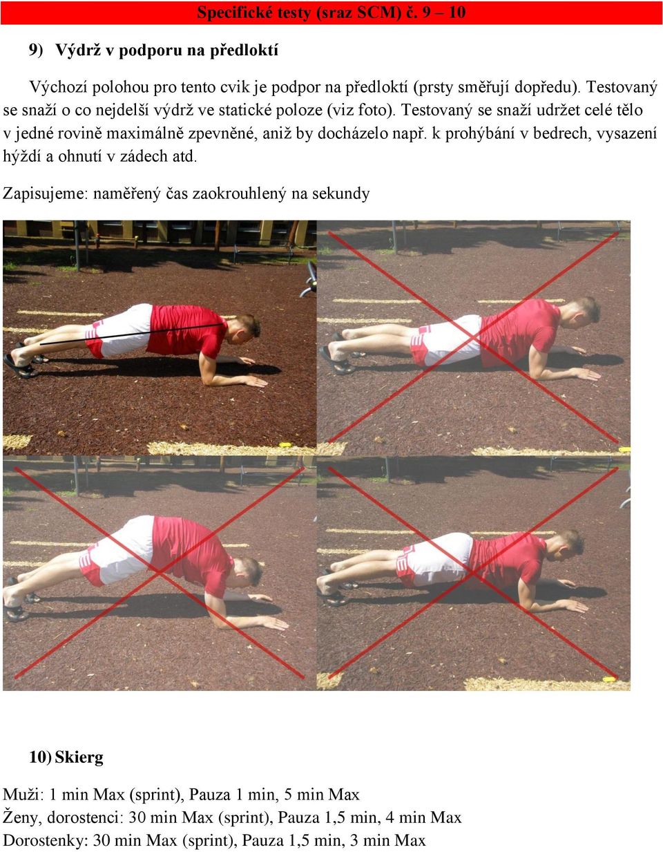 Testovaný se snaží udržet celé tělo v jedné rovině maximálně zpevněné, aniž by docházelo např.