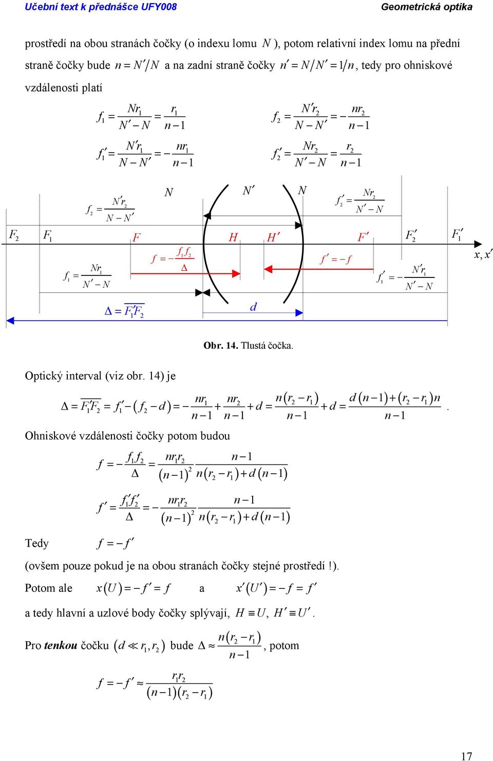 4) je ( ) ( ) + ( ) nr nr n r r d n r r n = = ( d) = + + d = + d = n n n n Ohniskové vzdálenosti čočky potom budou nrr n = = + ( n ) n( r r) d( n ).