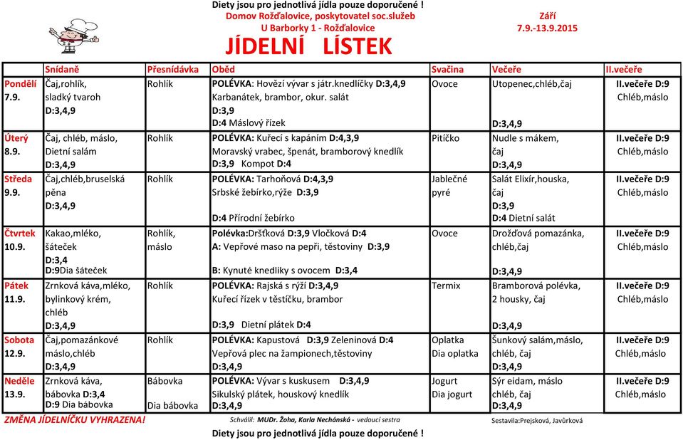 salát Chléb,máslo D:4 Máslový řízek Úterý Čaj, chléb, máslo, Rohlík POLÉVKA: Kuřecí s kapáním D:4,3,9 