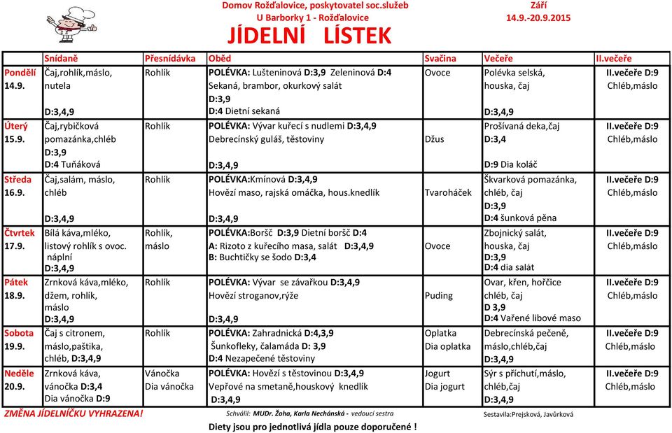 14.9. nutela Sekaná, brambor, okurkový salát houska, čaj Chléb,máslo D:4 Dietní sekaná Úterý Čaj,rybičková Rohlík POLÉVKA: Vývar kuřecí s nudlemi Prošívaná deka,čaj II.večeře D:9 15.9. pomazánka,chléb Debrecínský guláš, těstoviny Džus D:3,4 Chléb,máslo D:4 Tuňáková D:9 Dia koláč Středa Čaj,salám, máslo, Rohlík POLÉVKA:Kmínová Škvarková pomazánka, II.