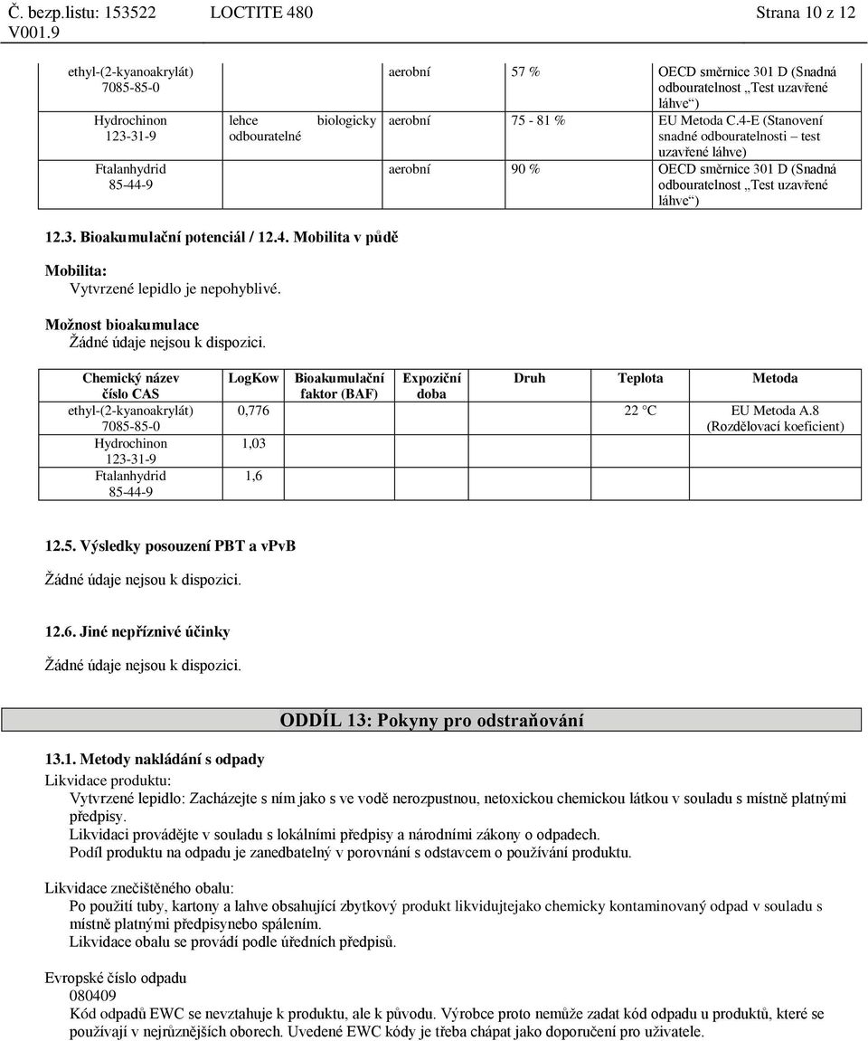 Možnost bioakumulace Žádné údaje nejsou k dispozici. LogKow Bioakumulační faktor (BAF) Expoziční doba Druh Teplota Metoda 0,776 22 C EU Metoda A.8 (Rozdělovací koeficient) 1,03 1,6 12.5.