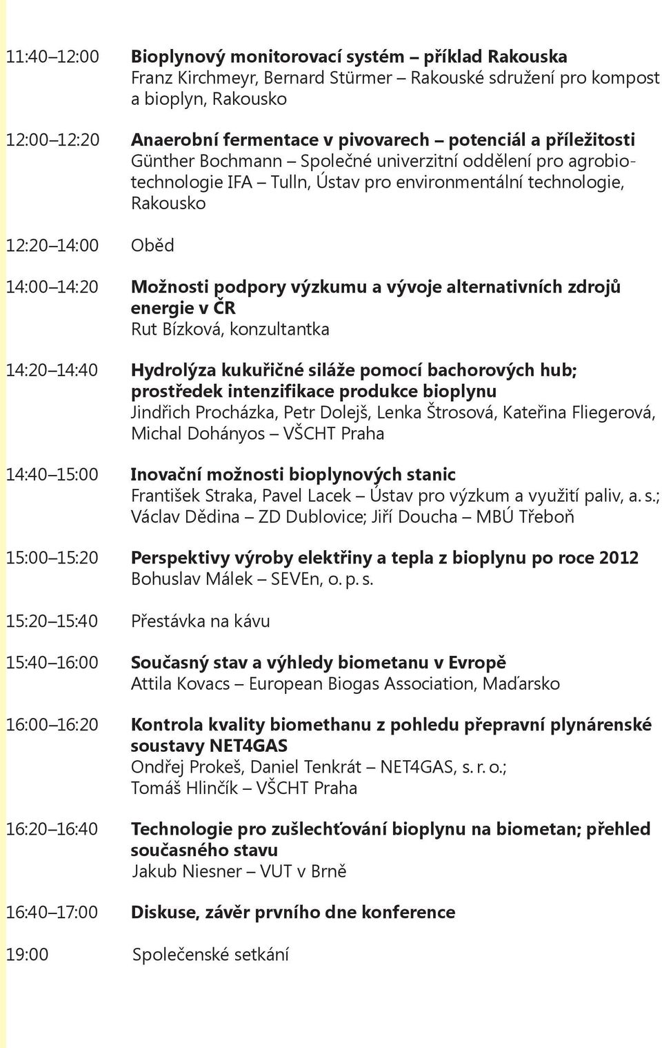 vývoje alternativních zdrojů energie v ČR Rut Bízková, konzultantka 14:20 14:40 Hydrolýza kukuřičné siláže pomocí bachorových hub; prostředek intenzifikace produkce bioplynu Jindřich Procházka, Petr