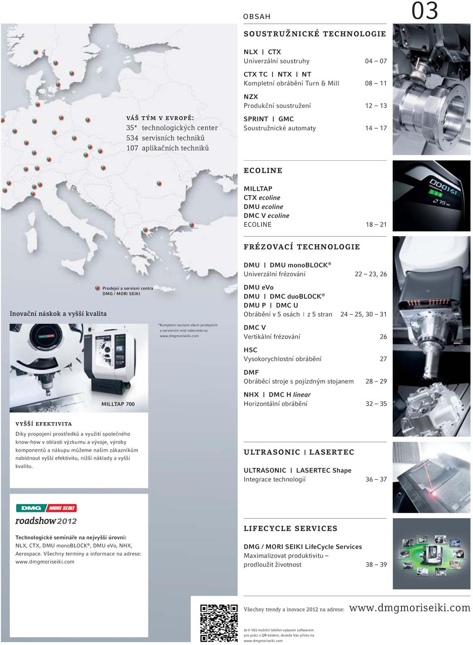 Univerzální frézování 22 23, 26 Inovační náskok a vyšší kvalita Prodejní a servisní centra DMG / MORI SEIKI DMU evo DMU DMC duoblock DMU P DMC U Obrábění v 5 osách z 5 stran 24 25, 30 31 *Kompletní