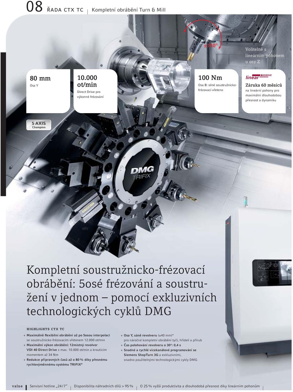 Kompletní soustružnicko-frézovací obrábění: 5osé frézování a soustružení v jednom pomocí exkluzivních technologických cyklů DMG highlights ctx tc + Maximálně flexibilní obrábění až po 5osou