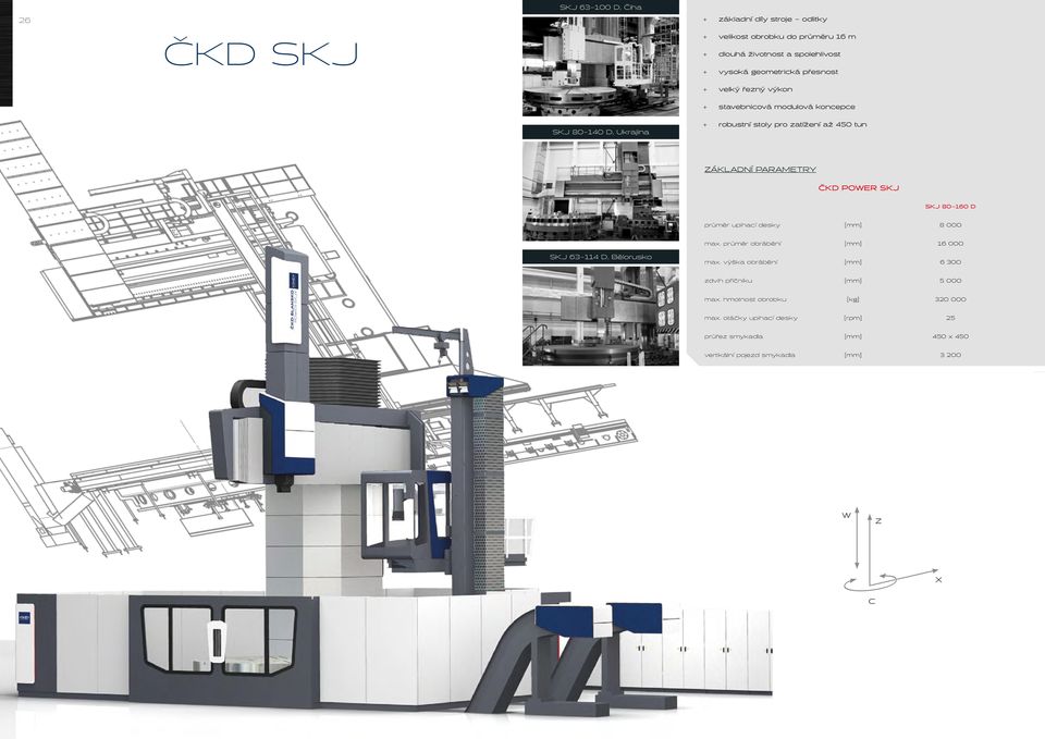 PARAMETRY ČKD POWER SKJ SKJ 80 160 D průměr upínací desky [mm] 8 000 max. průměr obrábění [mm] 16 000 SKJ 63 114 D, Bělorusko max.