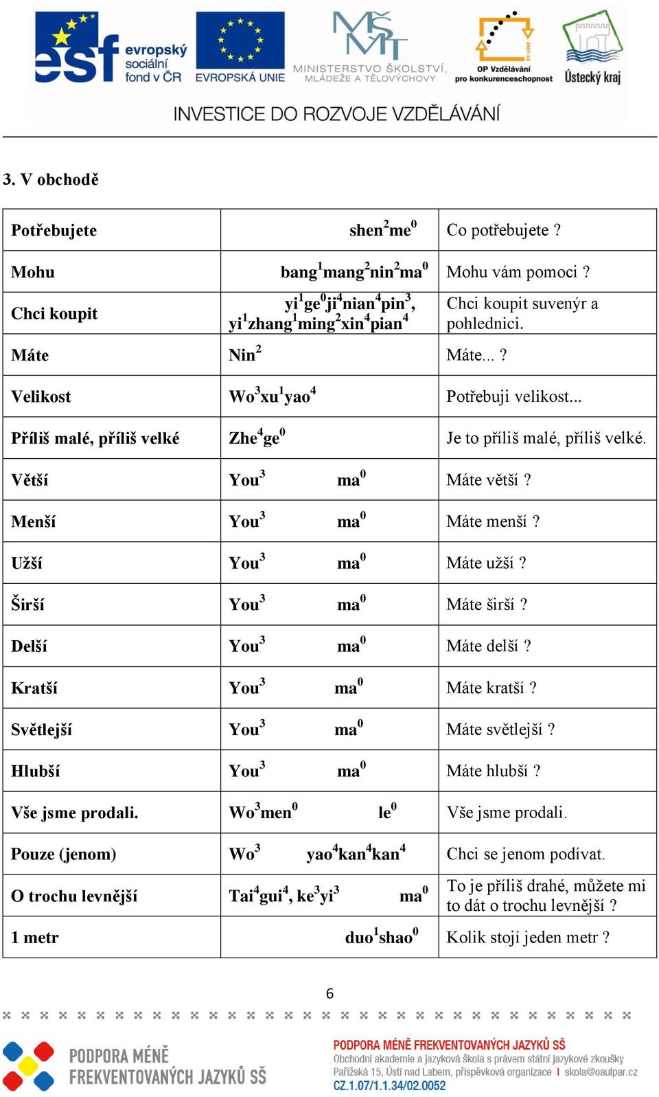 Menší You 3 ma 0 Máte menší? Uţší You 3 ma 0 Máte užší? Širší You 3 ma 0 Máte širší? Delší You 3 ma 0 Máte delší? Kratší You 3 ma 0 Máte kratší? Světlejší You 3 ma 0 Máte světlejší?