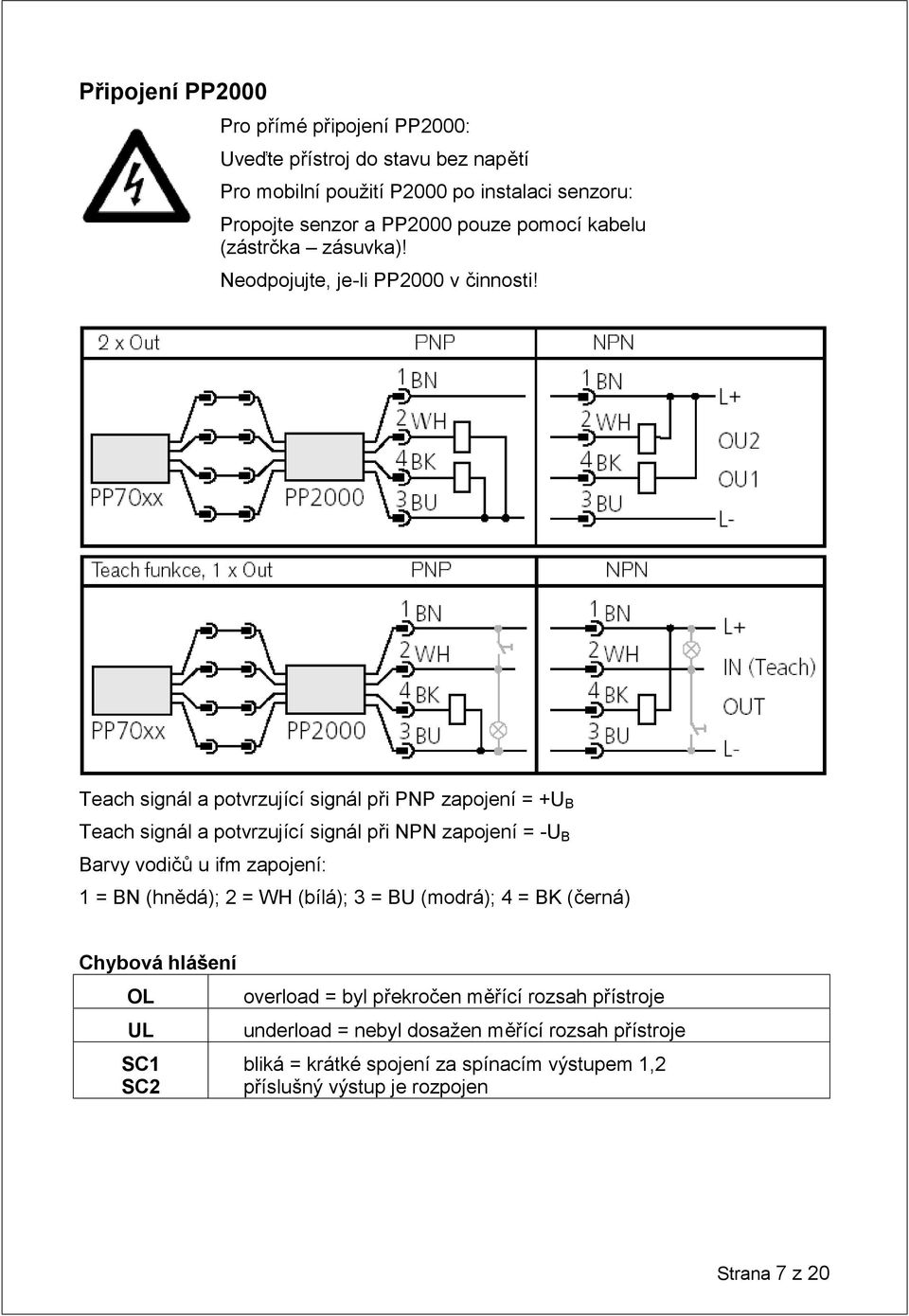 Teach signál a potvrzující signál při PNP zapojení = +U B Teach signál a potvrzující signál při NPN zapojení = -U B Barvy vodičů u ifm zapojení: 1 = BN (hnědá); 2 =