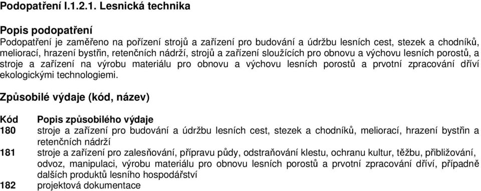 strojů a zařízení sloužících pro obnovu a výchovu lesních porostů, a stroje a zařízení na výrobu materiálu pro obnovu a výchovu lesních porostů a prvotní zpracování dříví ekologickými technologiemi.