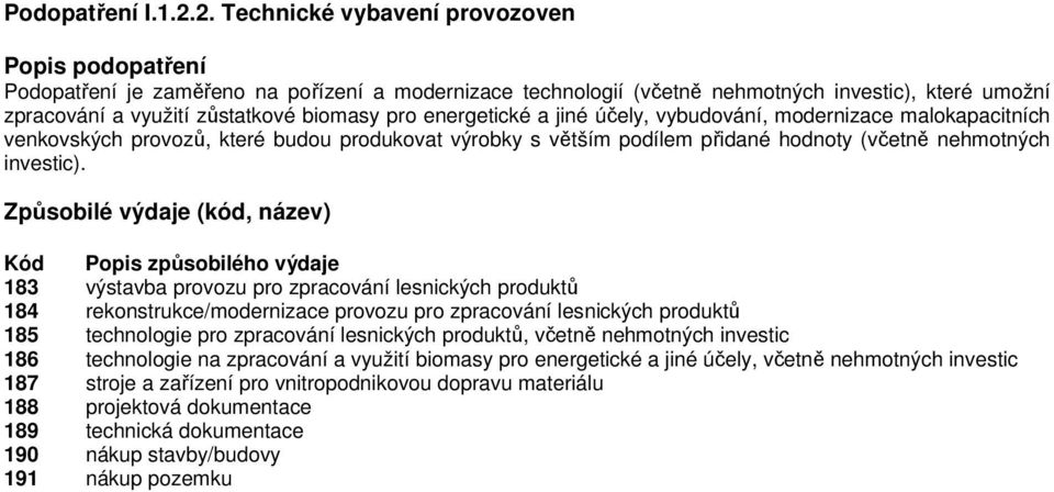 energetické a jiné účely, vybudování, modernizace malokapacitních venkovských provozů, které budou produkovat výrobky s větším podílem přidané hodnoty (včetně nehmotných investic).