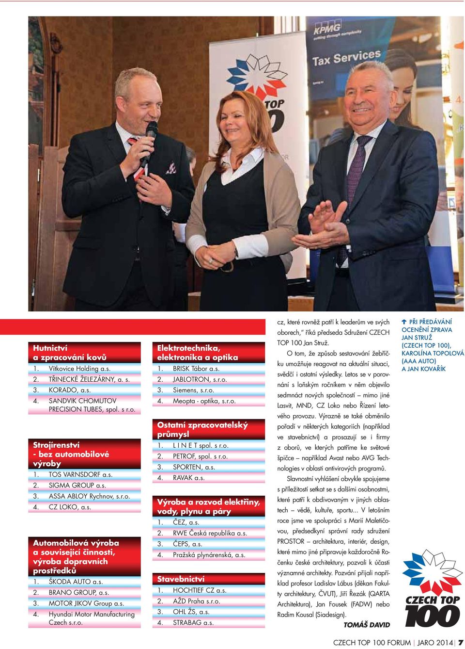 s. 4. Hyundai Motor Manufacturing Czech s.r.o. Elektrotechnika, elektronika a optika 1. BRISK Tábor a.s. 2. JABLOTRON, s.r.o. 3. Siemens, s.r.o. 4. Meopta - optika, s.r.o. Ostatní zpracovatelský průmysl 1.