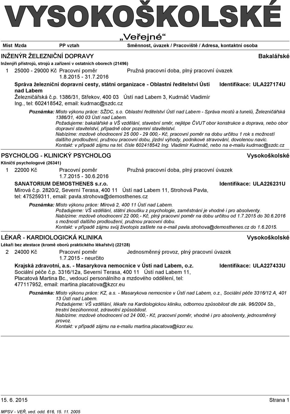 , tel: 60248542, email: kudrnac@szdc.cz Poznámka: Místo výkonu práce: SŽDC, s.o. Oblastní ředitelství Ústí nad Labem - Správa mostů a tunelů, Železničářská 386/3, 400 03 Ústí nad Labem.