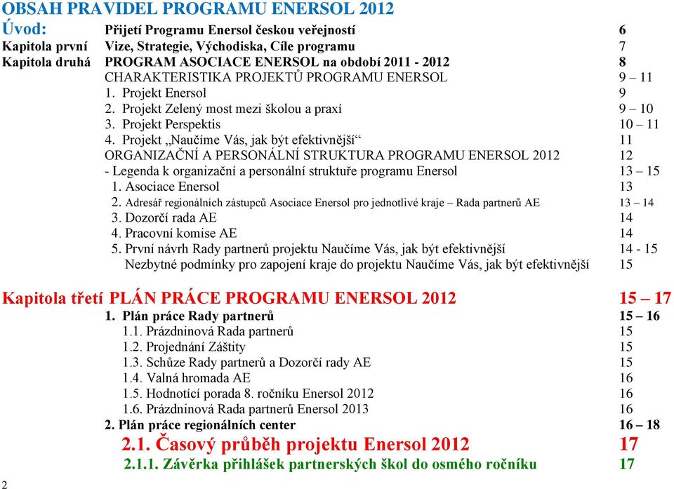 Projekt Naučíme Vás, jak být efektivnější 11 ORGANIZAČNÍ A PERSONÁLNÍ STRUKTURA PROGRAMU ENERSOL 2012 12 - Legenda k organizační a personální struktuře programu Enersol 13 15 1. Asociace Enersol 13 2.