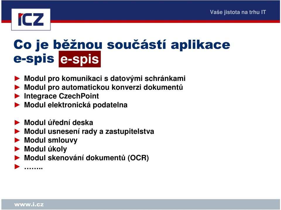 CzechPoint Modul elektronická podatelna Modul úřední deska Modul usnesení