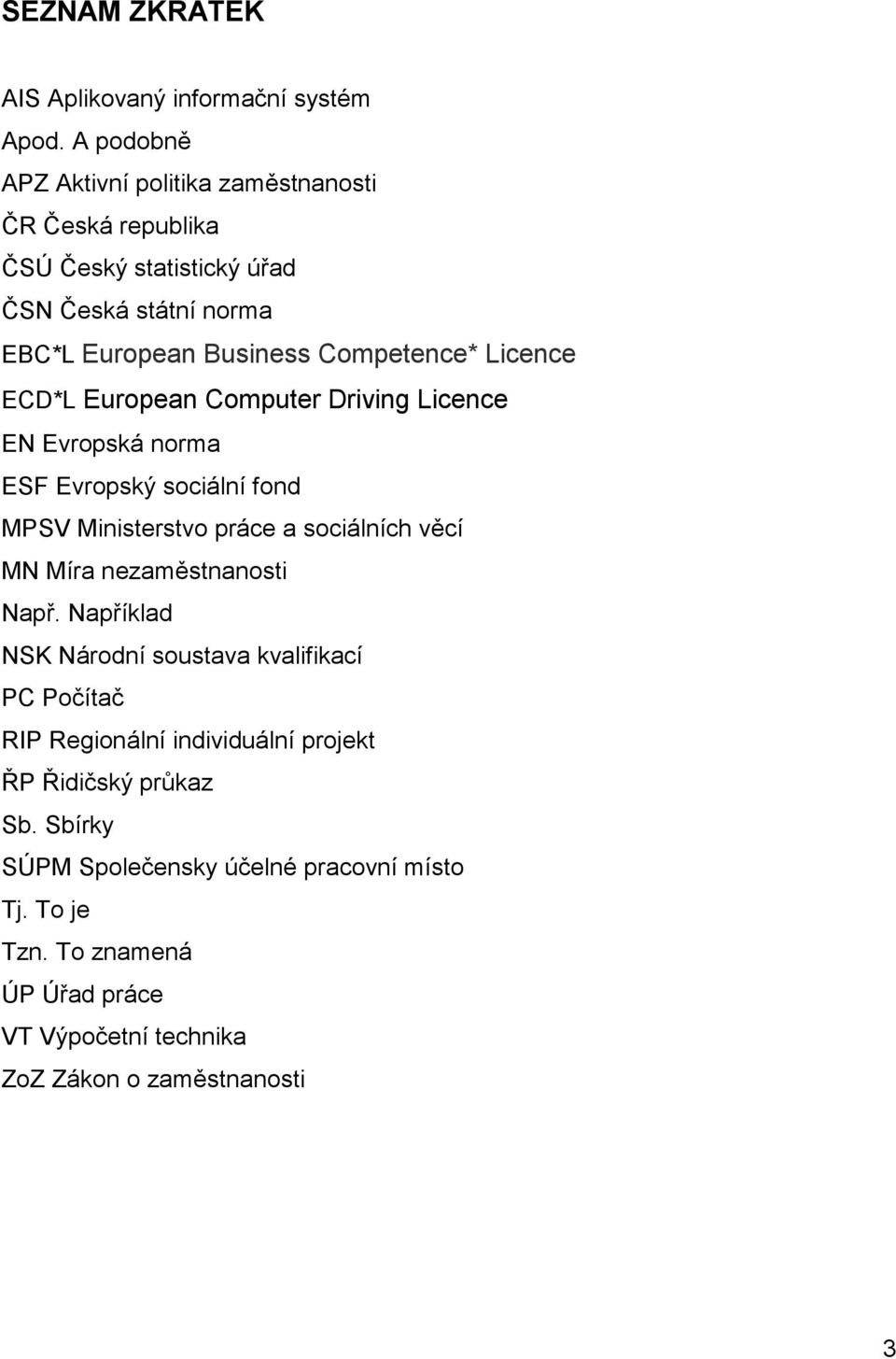 Licence ECD*L European Computer Driving Licence EN Evropská norma ESF Evropský sociální fond MPSV Ministerstvo práce a sociálních věcí MN Míra