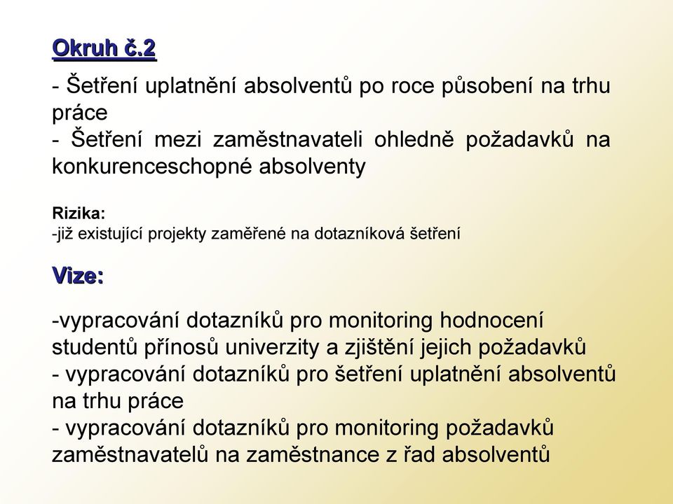 konkurenceschopné absolventy Rizika: -již existující projekty zaměřené na dotazníková šetření Vize: -vypracování dotazníků