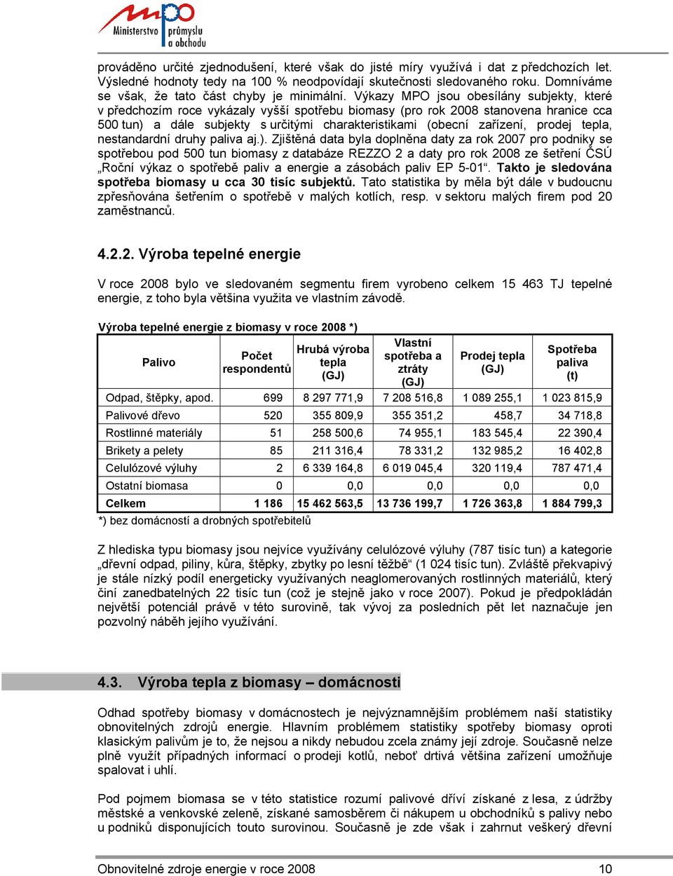 Výkazy MPO jsou obesílány subjekty, které v předchozím roce vykázaly vyšší spotřebu biomasy (pro rok 2008 stanovena hranice cca 500 tun) a dále subjekty s určitými charakteristikami (obecní zařízení,