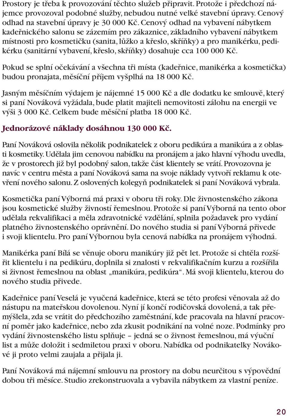 (sanitární vybavení, křeslo, skříňky) dosahuje cca 100 000 Kč. Pokud se splní očekávání a všechna tři místa (kadeřnice, manikérka a kosmetička) budou pronajata, měsíční příjem vyšplhá na 18 000 Kč.