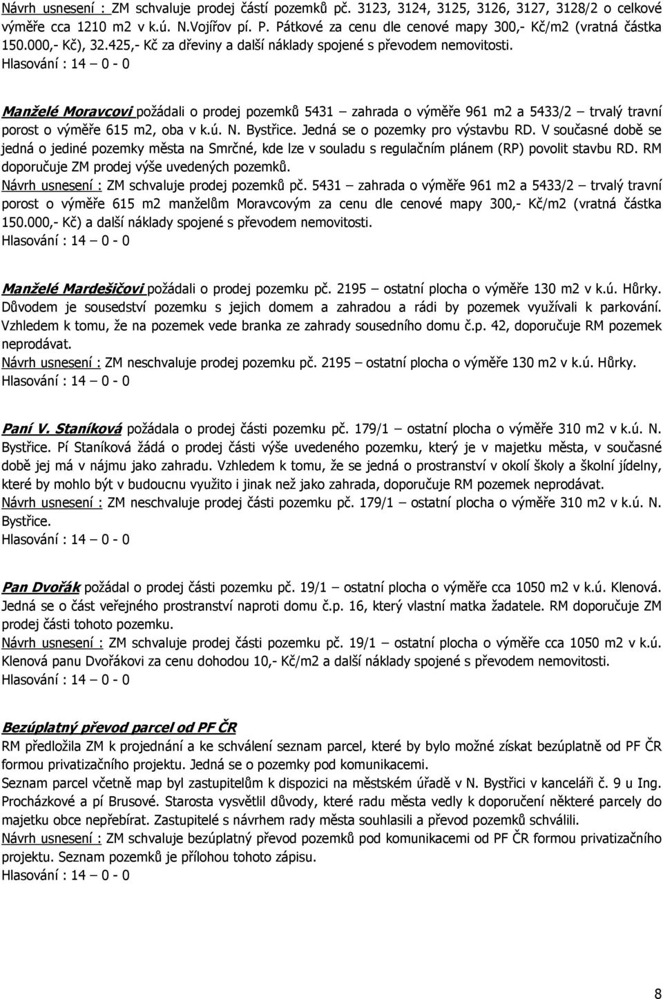Manželé Moravcovi požádali o prodej pozemků 5431 zahrada o výměře 961 m2 a 5433/2 trvalý travní porost o výměře 615 m2, oba v k.ú. N. Bystřice. Jedná se o pozemky pro výstavbu RD.