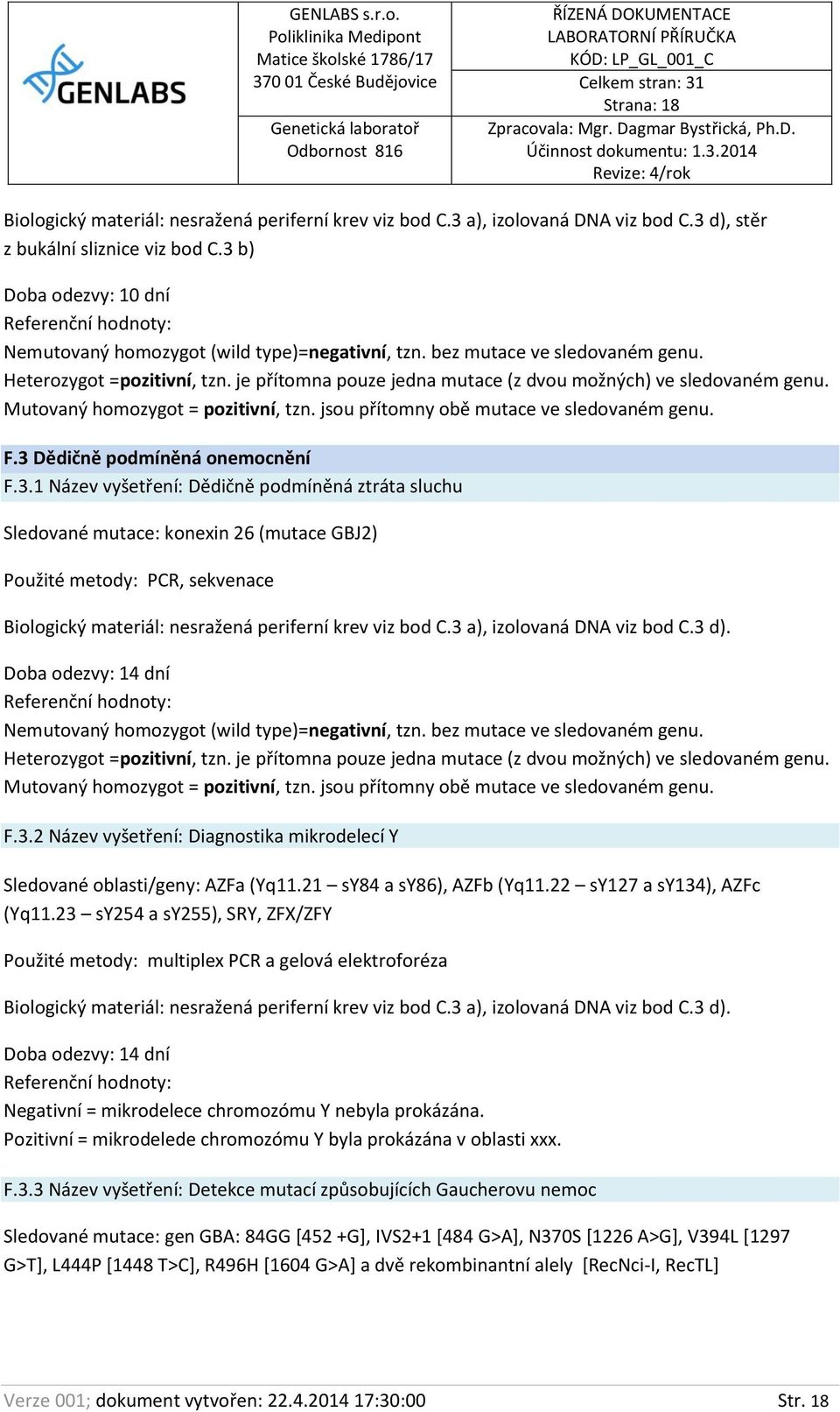 3.2 Název vyšetření: Diagnostika mikrodelecí Y Sledované oblasti/geny: AZFa (Yq11.21 sy84 a sy86), AZFb (Yq11.22 sy127 a sy134), AZFc (Yq11.
