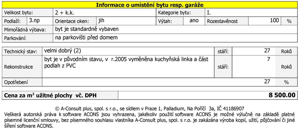 Rozestavěnost Technický stav: velmi dobrý (2) stáří: Rekonstrukce byt je v původním stavu, v r.2005 vyměněna kuchyňská linka a část podlah z PVC stáří: Opotřebení Cena za m2 užitné plochy vč.