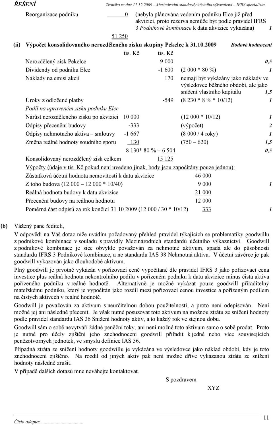 Kč Nerozdělený zisk Pekelce 9 000 0,5 Dividendy od podniku Elce -1 600 (2 000 * 80 %) 1 Náklady na emisi akcií 170 nemají být vykázány jako náklady ve výsledovce běžného období, ale jako snížení