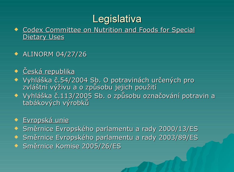 O potravinách určených pro zvláštní výživu a o způsobu jejich použití Vyhláška č.113/2005 Sb.