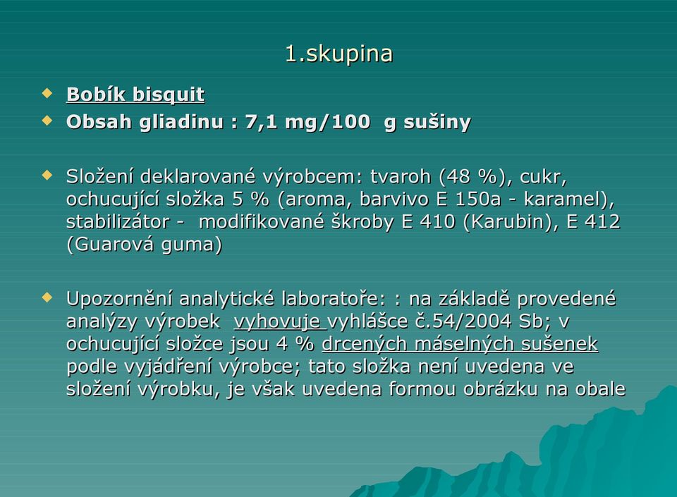 Upozornění analytické laboratoře: : na základě provedené analýzy výrobek vyhovuje vyhlášce č.