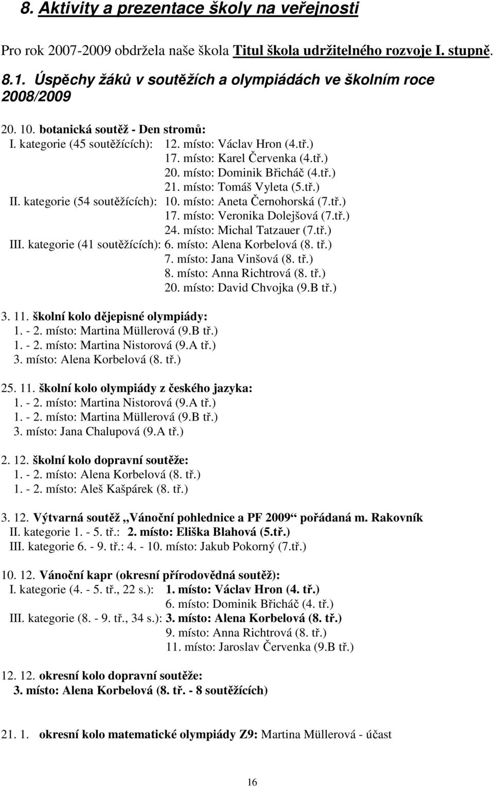 kategorie (54 soutěžících): 10. místo: Aneta Černohorská (7.tř.) 17. místo: Veronika Dolejšová (7.tř.) 24. místo: Michal Tatzauer (7.tř.) III. kategorie (41 soutěžících): 6. místo: Alena Korbelová (8.