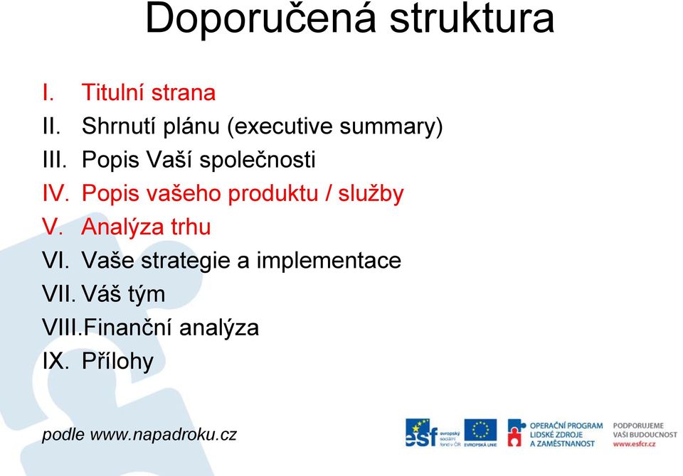 Popis vašeho produktu / sluţby V. Analýza trhu VI.