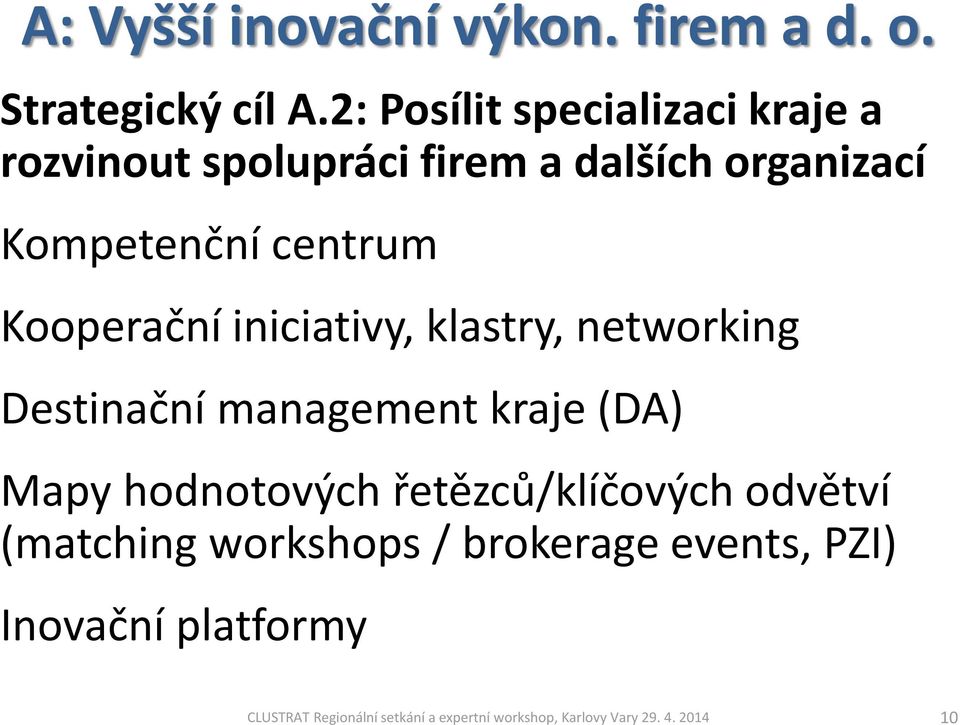 Kooperační iniciativy, klastry, networking Destinační management kraje (DA) Mapy hodnotových